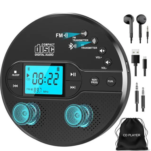 Alt view image 8 of 14 - Portable CD Player with Bluetooth, Walkman CD Player with FM Transmitter and Speakers for Car, Rechargeable Discman with Anti-Skip Protection, Headphones, LCD Display (Black)