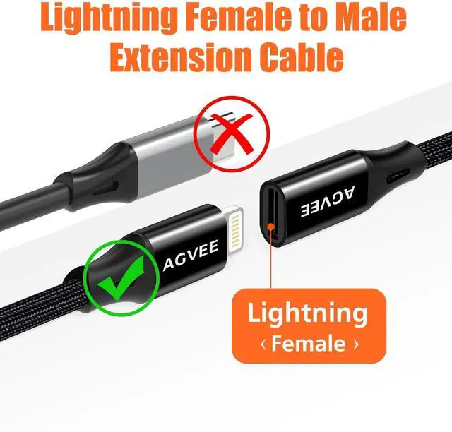 Alt view image 2 of 5 - 3.3ft Lightning Extension Cable, Braided Female to Male Extender Full Function Cord Compatible with iPhone Pad, Data Sync Video Audio & Charging Connector Adapter, Black