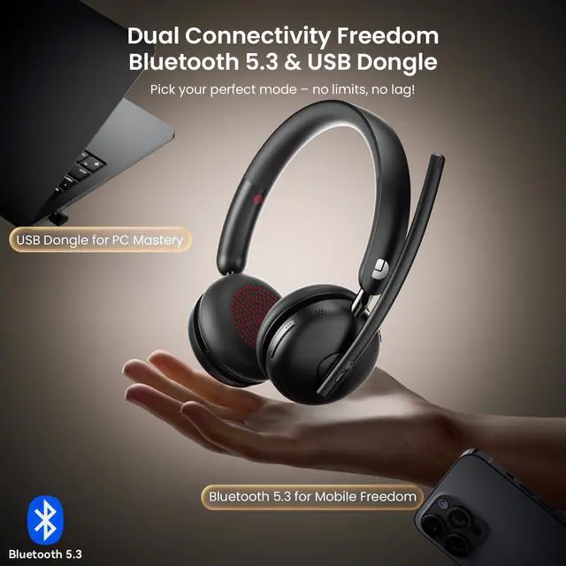 Alt view image 10 of 14 - Wireless Headset with Mic for Work, Bluetooth 5.3 Headset with Noise Cancelling, Wireless Headphones with Mic & USB Dongle, 65H & Mute, Ideal for PC/Call Center/Computer/Laptop/Study