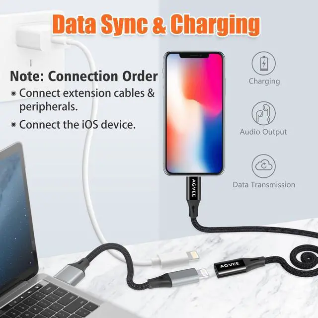 Alt view image 3 of 5 - 3.3ft Lightning Extension Cable, Braided Female to Male Extender Full Function Cord Compatible with iPhone Pad, Data Sync Video Audio & Charging Connector Adapter, Black