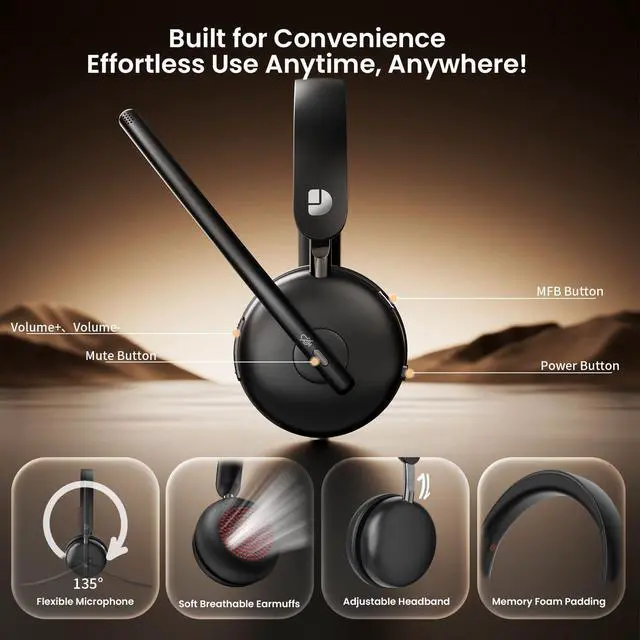 Alt view image 13 of 14 - Wireless Headset with Mic for Work, Bluetooth 5.3 Headset with Noise Cancelling, Wireless Headphones with Mic & USB Dongle, 65H & Mute, Ideal for PC/Call Center/Computer/Laptop/Study