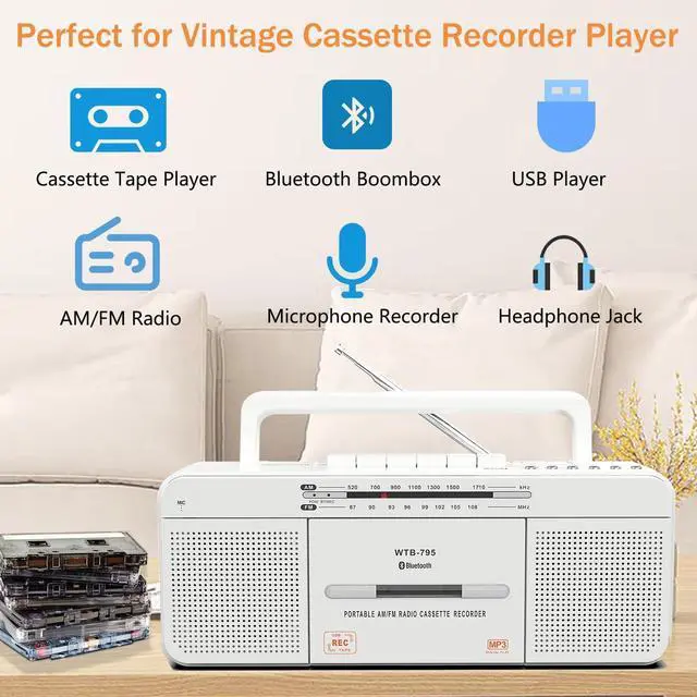 Alt view image 13 of 14 - Cassette Player Boombox, Portable AM/FM Radio Stereo with Bluetooth, USB, Dual Big Speaker, Earphone Jack, Record to Cassettes/USB via Mic,Cassette to MP3 Converter,AC/DC Powered