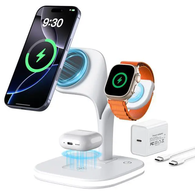 Alt view image 8 of 14 - for Magsafe Charger Stand,Charging Station for Multiple Devices,Wireless Charger for iPhone 17 Air 16 15 14 13 12 Series,Apple Watch Series 1-10/Ultra,AirPods Pro with LED and Adapter (White)