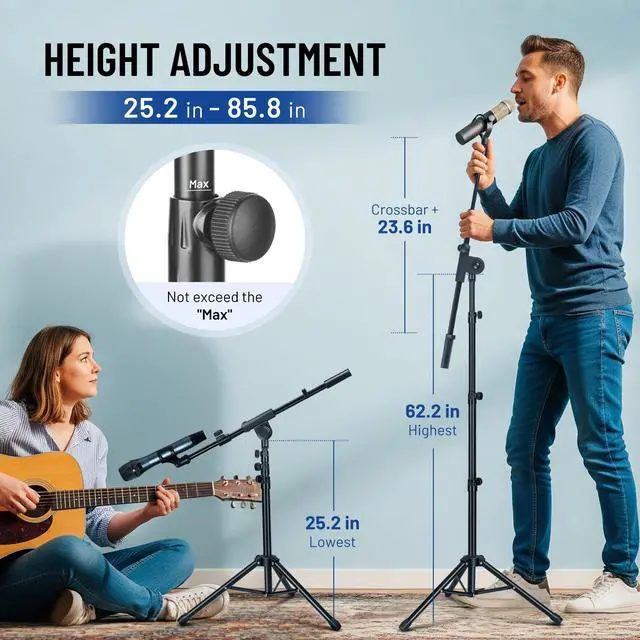 Alt view image 13 of 14 - Mic Stand Floor Adjustable - Tripod Boom Arm Microphone Stand with Carrying Bag 2 Mic Clips 3/8" to 5/8" Adapter for Singing Podcast Compatible with Blue Yeti Shure SM58 SM48 Fifine K669B