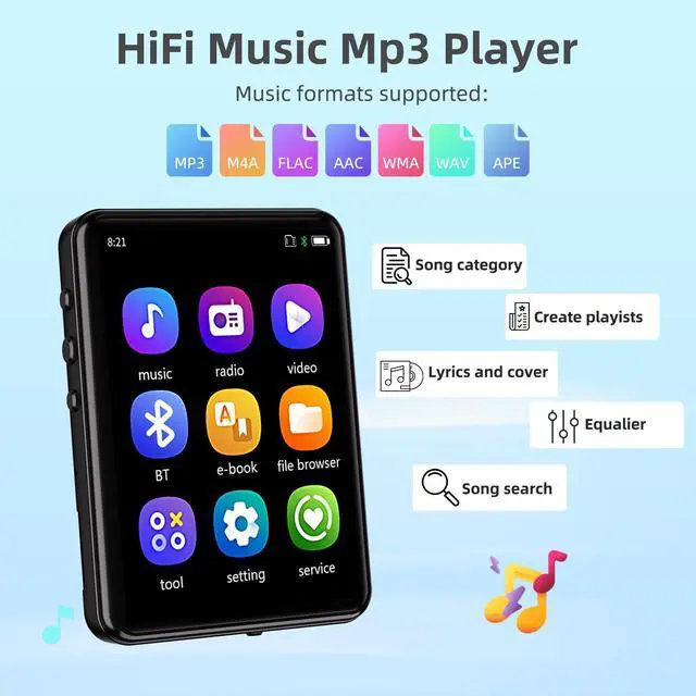 Alt view image 14 of 14 - MP3 Player with Bluetooth 5.3 Portable Music Player with Speaker,FM Radio,E-Book,Shuffle/Repeat Play,Full Touch Screen MP3 Player for Meeting,Lectures, Fitness,SD Card Slot,64GB Black