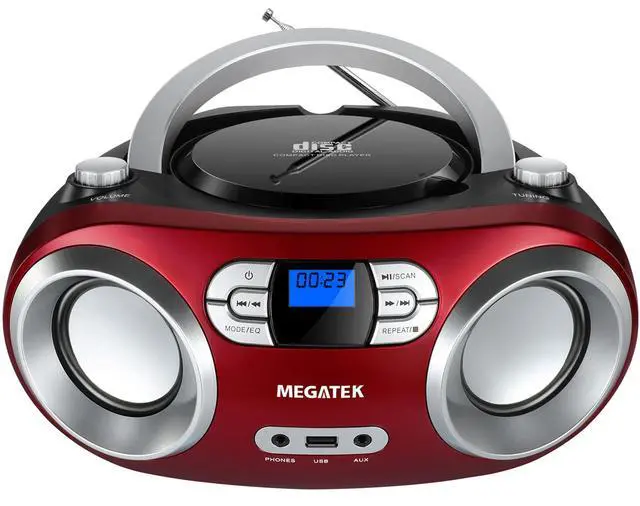 Alt view image 8 of 14 - Portable CD Player Boombox with FM Radio, Bluetooth, USB Port, AUX Input, and Headphone Jack CD-R/CD-RW/MP3-CD Compatible, Clear Stereo Sound, Backlit LCD Display Cherry Red