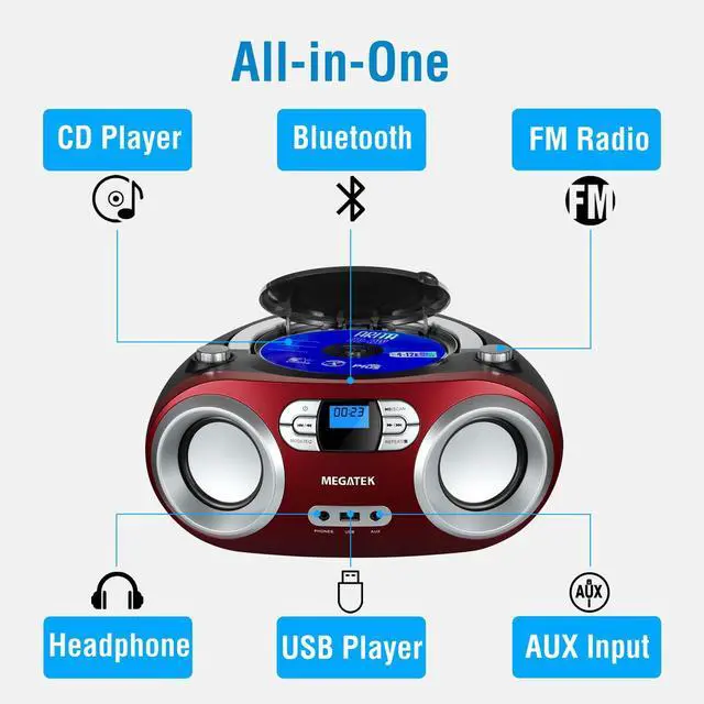 Alt view image 9 of 14 - Portable CD Player Boombox with FM Radio, Bluetooth, USB Port, AUX Input, and Headphone Jack CD-R/CD-RW/MP3-CD Compatible, Clear Stereo Sound, Backlit LCD Display Cherry Red