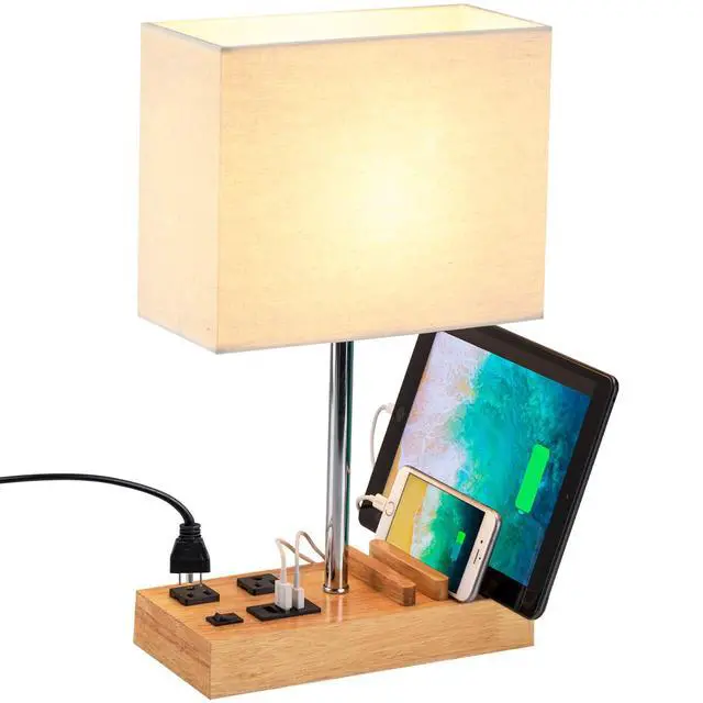 Alt view image 8 of 14 - Desk Lamp with 3 USB Charging Ports, Table Lamp with 2AC Outlets and 3 Phone Stands, Nightstand Bedside Lamp with Natural Wooden Base and Cream Linen Shade