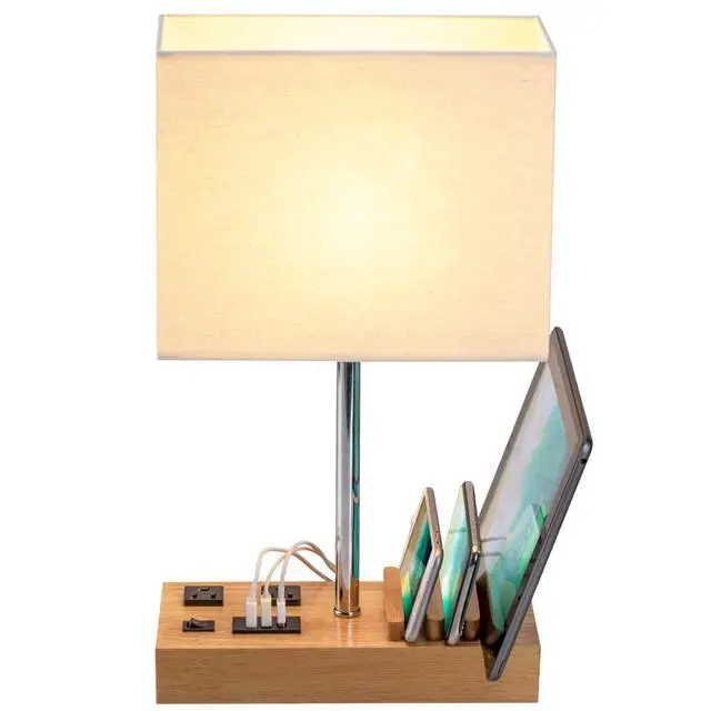 Alt view image 9 of 14 - Desk Lamp with 3 USB Charging Ports, Table Lamp with 2AC Outlets and 3 Phone Stands, Nightstand Bedside Lamp with Natural Wooden Base and Cream Linen Shade