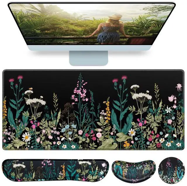 Alt view image 8 of 14 - Desk Mat, Large Gaming Mouse Pad with Wrist Rest, 4in1 XXL Mousepad+Keyboard Wrist Rest+Mouse Pad Wrist Support+Cup Coaster Set Ergonomic Floral Computer Desk Arm Wrist for Decor Home Office Women