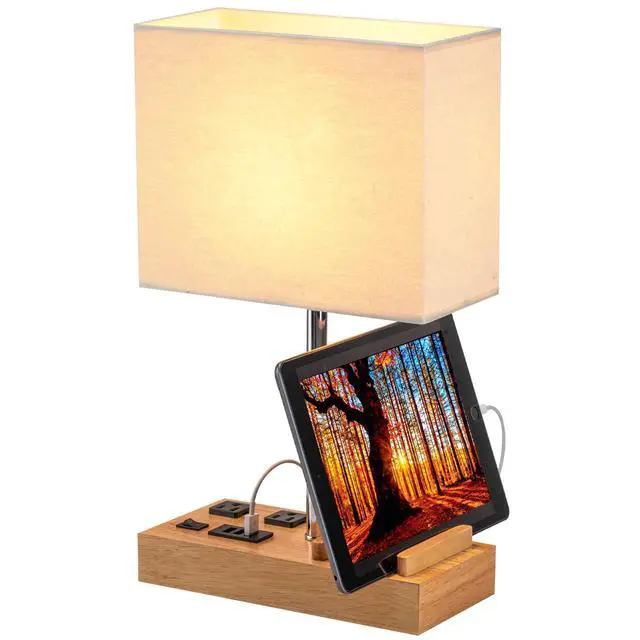 Alt view image 11 of 14 - Desk Lamp with 3 USB Charging Ports, Table Lamp with 2AC Outlets and 3 Phone Stands, Nightstand Bedside Lamp with Natural Wooden Base and Cream Linen Shade