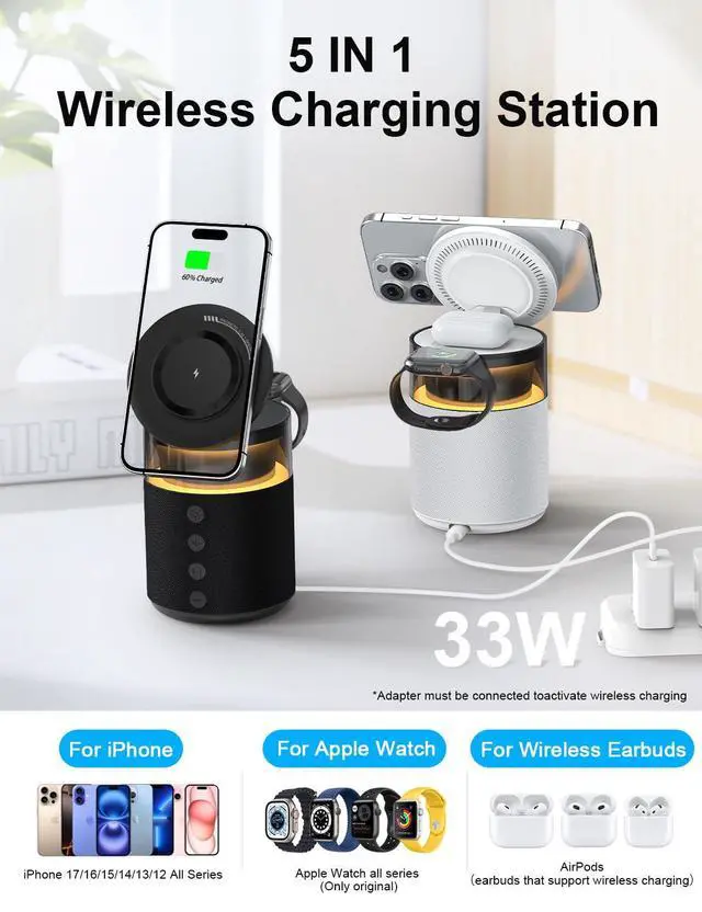 Alt view image 9 of 14 - 5-in-1 Wireless Charging Station with Bluetooth Speaker,Magnetic Charger with Night Light,Charger Stand with 33W Adapter Compatible with Apple Watch&iPhone 16 15 14 13 12 Pro Max&Wireless Earbuds