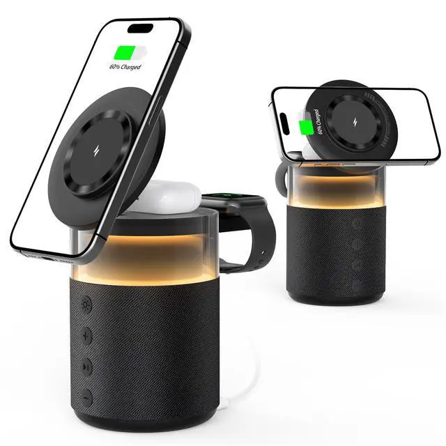 Alt view image 8 of 14 - 5-in-1 Wireless Charging Station with Bluetooth Speaker,Magnetic Charger with Night Light,Charger Stand with 33W Adapter Compatible with Apple Watch&iPhone 16 15 14 13 12 Pro Max&Wireless Earbuds