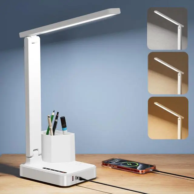 Alt view image 8 of 14 - LED Desk Lamp with 2 USB Charging Ports,Type C Port,1 AC Outlet,2 Pen Holders,3 Color Temperature 3 Brightness Level,Touch/Memory/Timer,10W Eye Protection Foldable Reading Light,Study Lamp-White