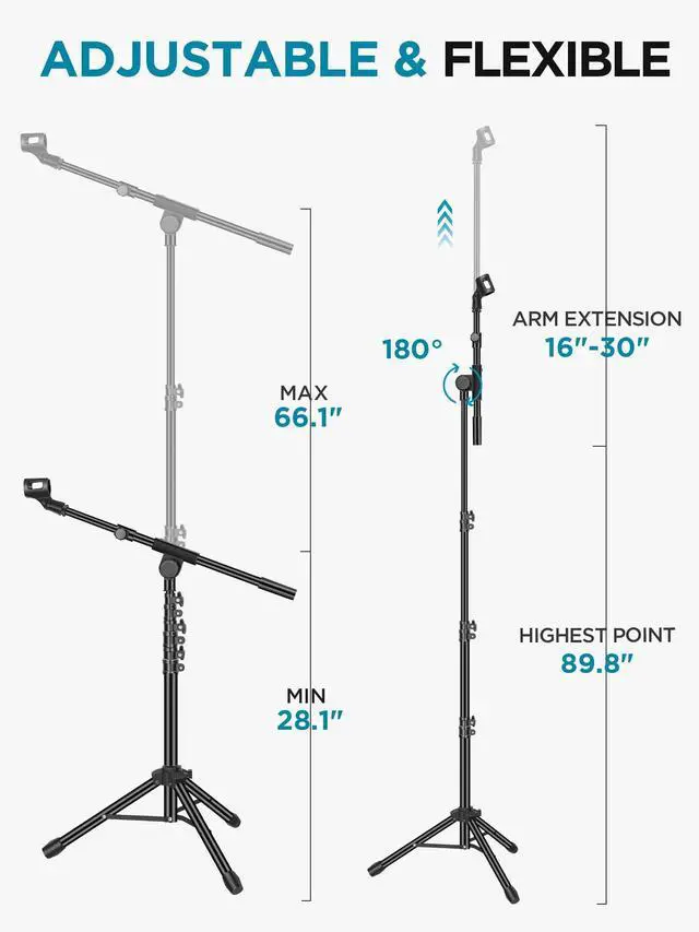 Alt view image 10 of 14 - Microphone Stand, Tripod Boom Arm Floor Mic Stand Height Adjustable Heavy Duty with Carrying Bag 2 Mic Clips 3/8" to 5/8" Adapter for Singing Podcast for Blue Yeti Shure SM58 SM48 Samson Q2U