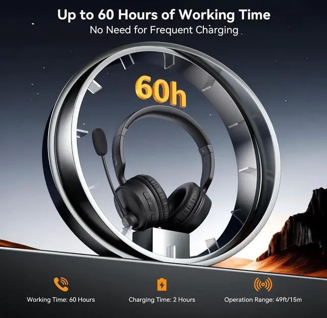 Alt view image 10 of 14 - Bluetooth Headset with Microphone, 60 Hrs Working Time Dual Connection Bluetooth Headphones with Mic, Wireless Headset with Mic for Work/Video Meetings/Phone/Call Center/PC/Music/Zoom/Teams