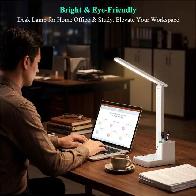 Alt view image 10 of 14 - LED Desk Lamp with 2 USB Charging Ports,Type C Port,1 AC Outlet,2 Pen Holders,3 Color Temperature 3 Brightness Level,Touch/Memory/Timer,10W Eye Protection Foldable Reading Light,Study Lamp-White