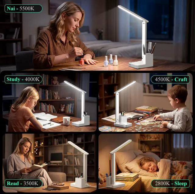 Alt view image 11 of 14 - LED Desk Lamp with 2 USB Charging Ports,Type C Port,1 AC Outlet,2 Pen Holders,3 Color Temperature 3 Brightness Level,Touch/Memory/Timer,10W Eye Protection Foldable Reading Light,Study Lamp-White