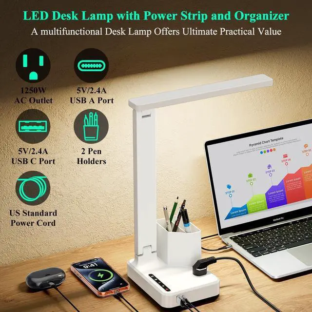 Alt view image 13 of 14 - LED Desk Lamp with 2 USB Charging Ports,Type C Port,1 AC Outlet,2 Pen Holders,3 Color Temperature 3 Brightness Level,Touch/Memory/Timer,10W Eye Protection Foldable Reading Light,Study Lamp-White