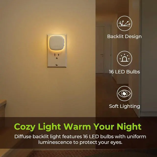 Alt view image 9 of 14 - Plug-in LED Backlit Night Light with Motion Sensor & Dusk to Dawn Sensor, Dimmable Warm White Nightlight with 1-50 lm Adjustable Brightness for Bedroom, Bathroom, Stairs, Hallway (4 Pack)