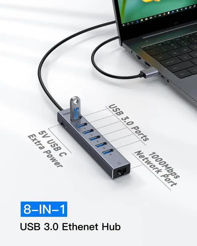 Alt view image 10 of 14 - Aluminum USB to Ethernet Adapter with 7-Port USB Hub 3.9ft Long Cable, Gigabit Ethernet Port, 5V/3A Power Port | USB Extender Compatible with Windows, macOS, Linux & More
