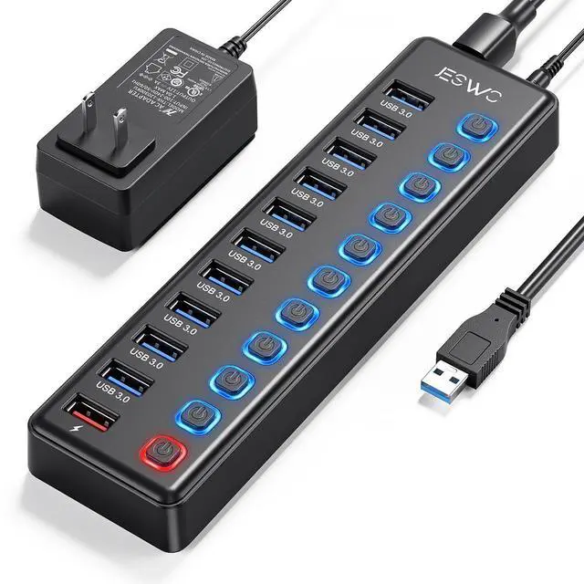 Alt view image 7 of 12 - Powered USB Hub, 11 Port USB 3.0 Hub, 10 USB 3.0 Data Transfer Ports + 1 Smart Charging Port, USB Hub Powered with Individual LED On/Off Switches and 12V/3A Power Adapter