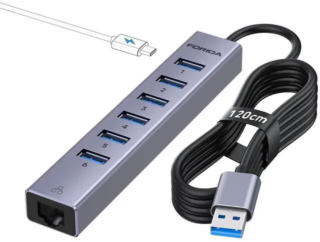 Alt view image 8 of 14 - Aluminum USB to Ethernet Adapter with 7-Port USB Hub 3.9ft Long Cable, Gigabit Ethernet Port, 5V/3A Power Port | USB Extender Compatible with Windows, macOS, Linux & More
