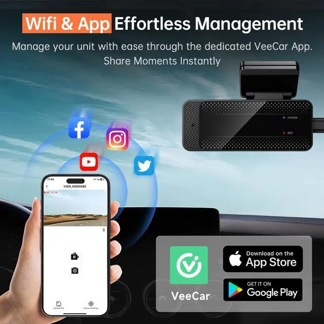Alt view image 11 of 14 - 1296P Front Dashcam, V300 WiFi Dash Camera for Cars with App, Night Vision, Mini Hidden Single Car Camera, Loop Recording, 24H Parking Mode, Support 256GB Max, Black