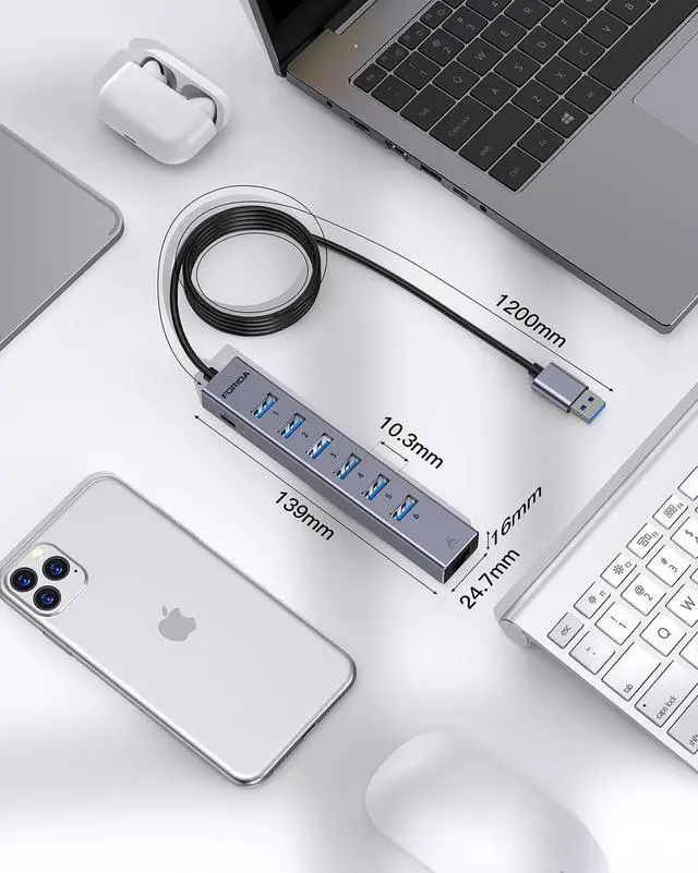Alt view image 14 of 14 - Aluminum USB to Ethernet Adapter with 7-Port USB Hub 3.9ft Long Cable, Gigabit Ethernet Port, 5V/3A Power Port | USB Extender Compatible with Windows, macOS, Linux & More