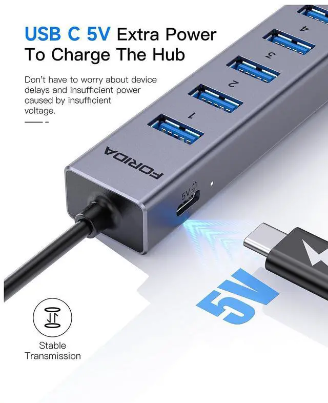 Alt view image 12 of 14 - Aluminum USB to Ethernet Adapter with 7-Port USB Hub 3.9ft Long Cable, Gigabit Ethernet Port, 5V/3A Power Port | USB Extender Compatible with Windows, macOS, Linux & More