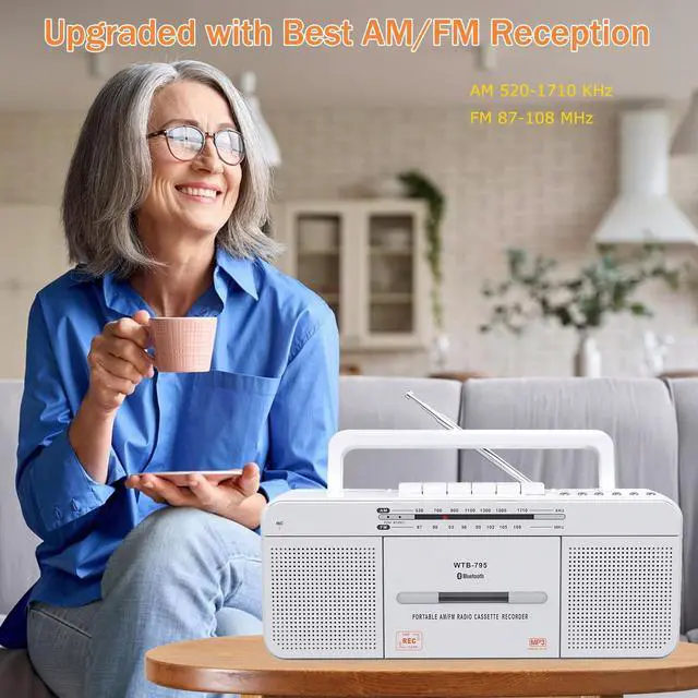 Alt view image 14 of 14 - Cassette Player Boombox, Portable AM/FM Radio Stereo with Bluetooth, USB, Dual Big Speaker, Earphone Jack, Record to Cassettes/USB via Mic,Cassette to MP3 Converter,AC/DC Powered
