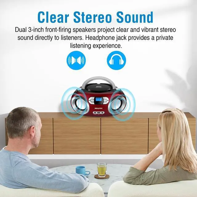 Alt view image 10 of 14 - Portable CD Player Boombox with FM Radio, Bluetooth, USB Port, AUX Input, and Headphone Jack CD-R/CD-RW/MP3-CD Compatible, Clear Stereo Sound, Backlit LCD Display Cherry Red