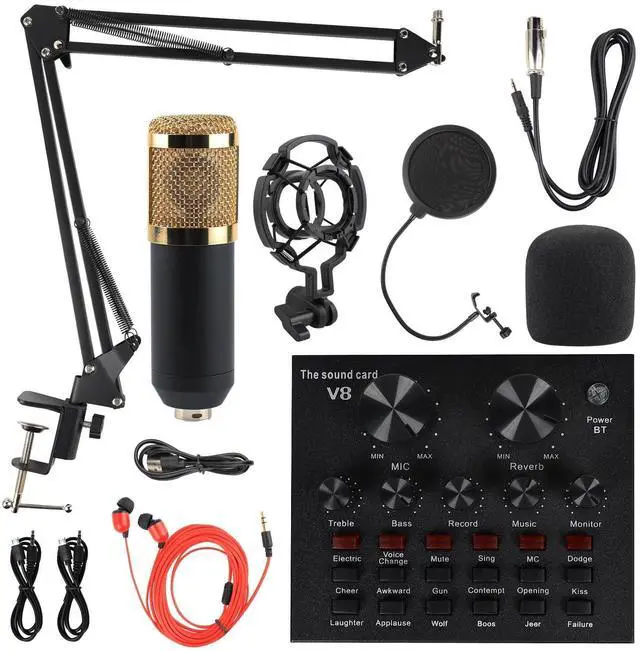 Alt view image 8 of 14 - Condenser Microphone Bundle, Live Sound Card, Adjustable Boom Arm, Shock Mount, Metal Mic Pop Filter, Sponge Pop Filter Cover, Earphone, Audio Cables and Power Cable, Set of 11 Mic Kit