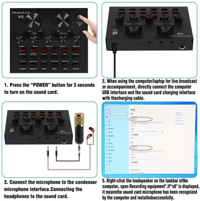 Alt view image 10 of 14 - Condenser Microphone Bundle, Live Sound Card, Adjustable Boom Arm, Shock Mount, Metal Mic Pop Filter, Sponge Pop Filter Cover, Earphone, Audio Cables and Power Cable, Set of 11 Mic Kit