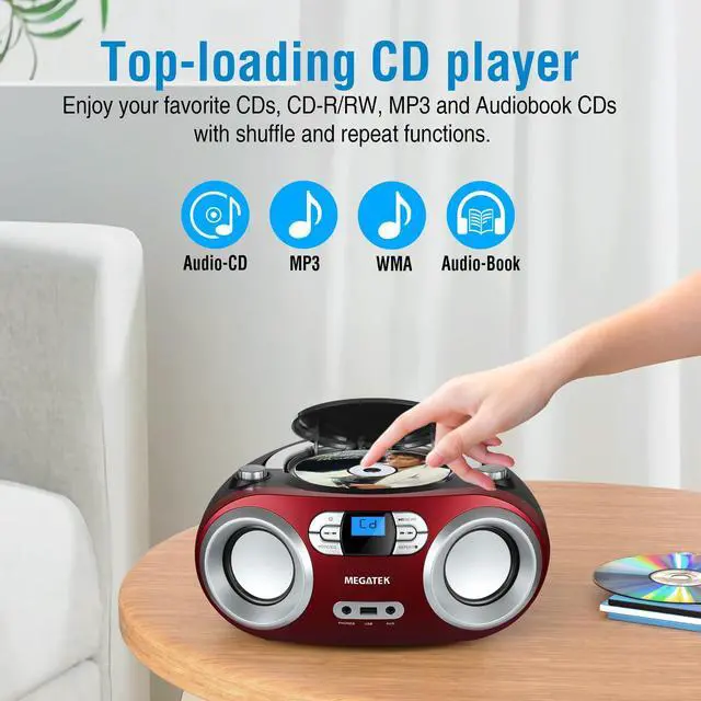 Alt view image 13 of 14 - Portable CD Player Boombox with FM Radio, Bluetooth, USB Port, AUX Input, and Headphone Jack CD-R/CD-RW/MP3-CD Compatible, Clear Stereo Sound, Backlit LCD Display Cherry Red