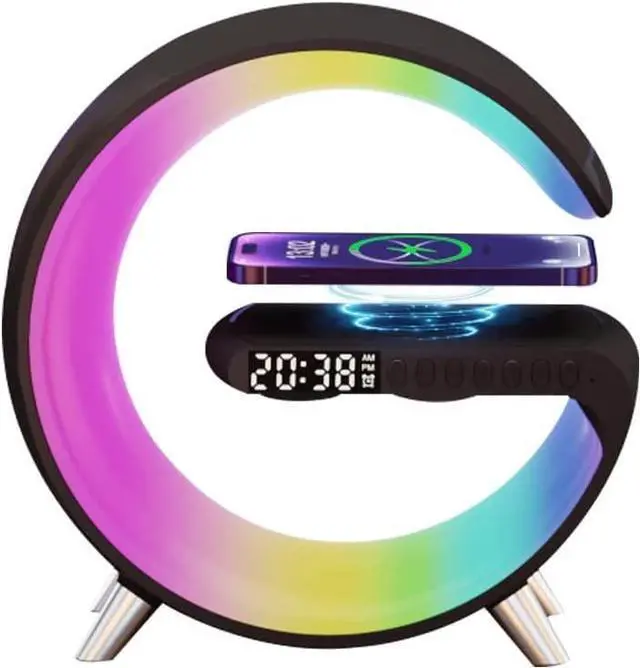 Alt view image 12 of 14 - Bluetooth Speaker Wireless Charger with Portable Small Mini Speaker,Wireless Atmosphere Lamp,Multifunctional RGB Night Light Alarm Clock & Charging Station,App Control (Black) (ZORAST-803)