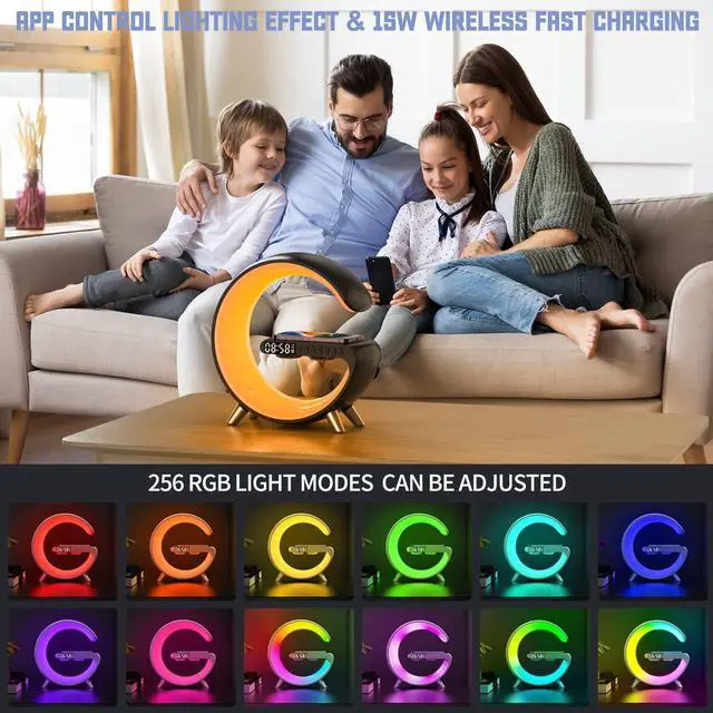 Alt view image 11 of 14 - Bluetooth Speaker Wireless Charger with Portable Small Mini Speaker,Wireless Atmosphere Lamp,Multifunctional RGB Night Light Alarm Clock & Charging Station,App Control (Black) (ZORAST-803)