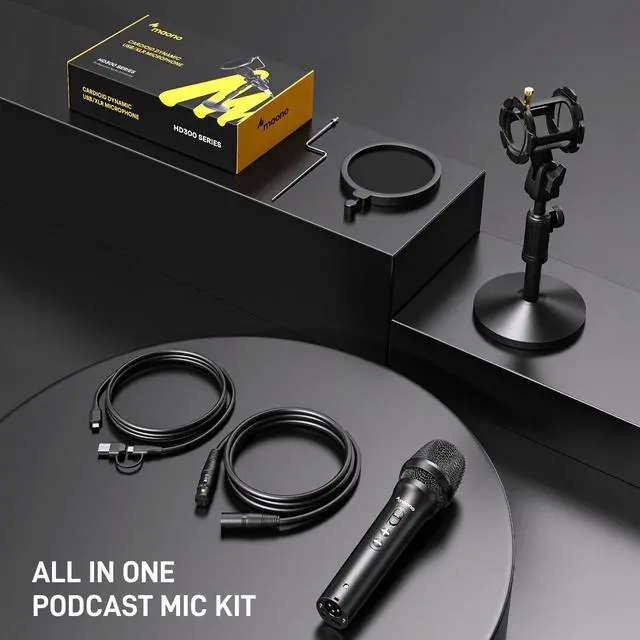 Alt view image 14 of 14 - USB/XLR Podcast Dynamic Microphone, Studio Mic Kit with Volume Control, Shock Mount, Pop Filter, Ideal for Vocal, Instruments Recording, Voice Over, Live Streaming (HD300T)