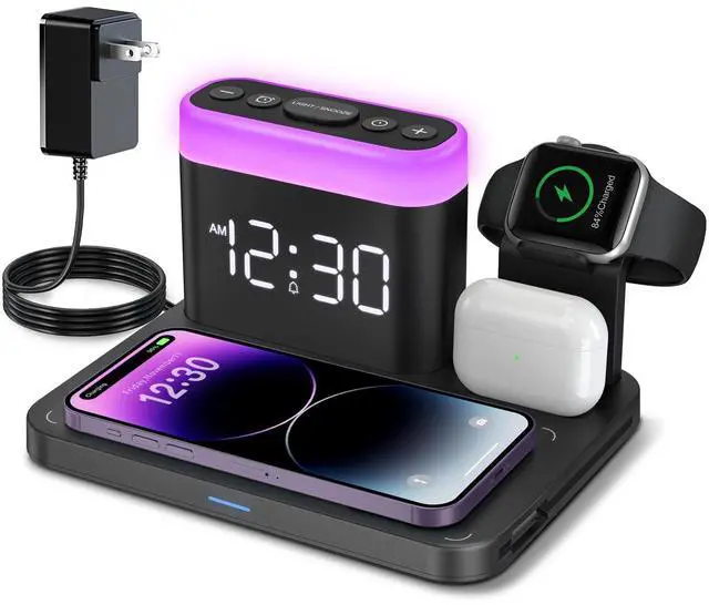 Alt view image 8 of 14 - Wireless Charging Station,5 in 1 Multiple Charger Stand with Alarm Clock,7 Night Light,Mag-Safe Charging Dock for iPhone 17 16 15 14 13 12 Pro Max Plus,Apple Watch 11/10/9/8,for Airpods,Bedroom