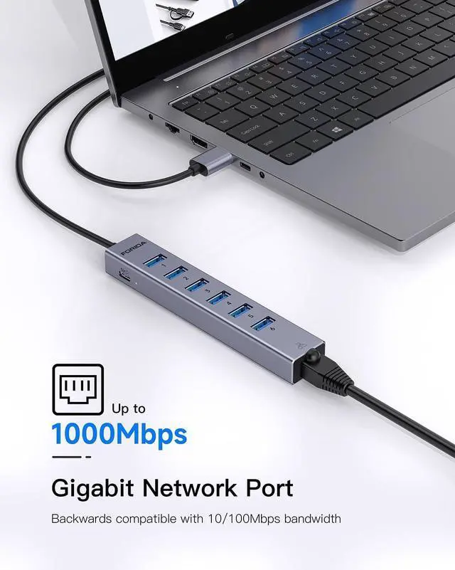 Alt view image 13 of 14 - Aluminum USB to Ethernet Adapter with 7-Port USB Hub 3.9ft Long Cable, Gigabit Ethernet Port, 5V/3A Power Port | USB Extender Compatible with Windows, macOS, Linux & More