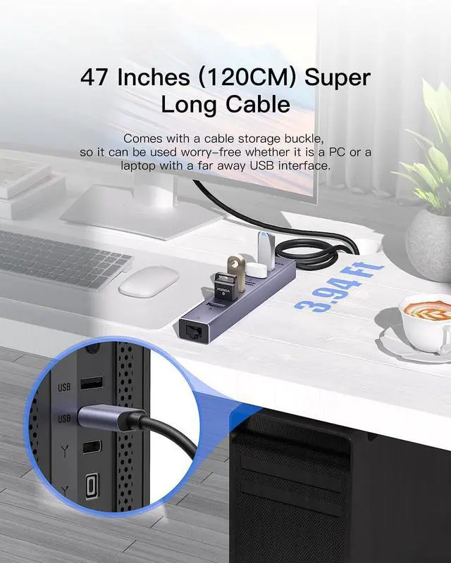Alt view image 9 of 14 - Aluminum USB to Ethernet Adapter with 7-Port USB Hub 3.9ft Long Cable, Gigabit Ethernet Port, 5V/3A Power Port | USB Extender Compatible with Windows, macOS, Linux & More