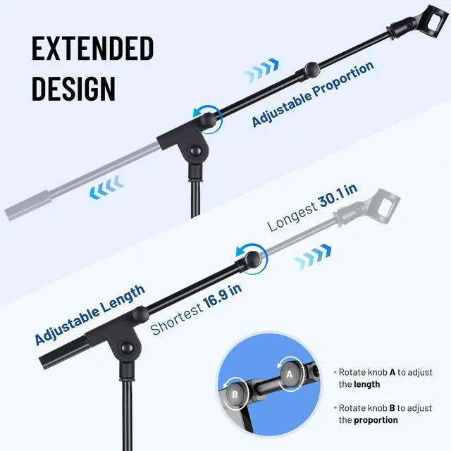 Alt view image 12 of 14 - Mic Stand Floor Adjustable - Tripod Boom Arm Microphone Stand with Carrying Bag 2 Mic Clips 3/8" to 5/8" Adapter for Singing Podcast Compatible with Blue Yeti Shure SM58 SM48 Fifine K669B