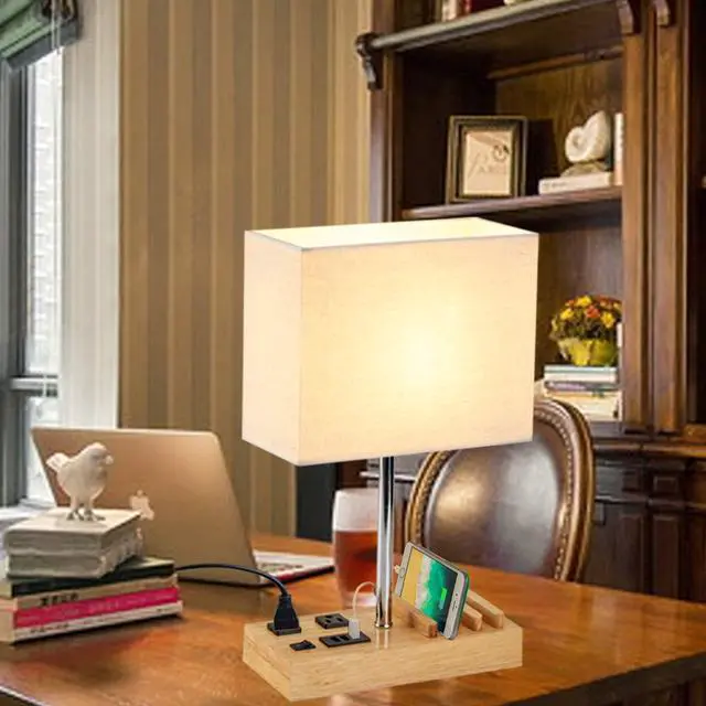 Alt view image 13 of 14 - Desk Lamp with 3 USB Charging Ports, Table Lamp with 2AC Outlets and 3 Phone Stands, Nightstand Bedside Lamp with Natural Wooden Base and Cream Linen Shade