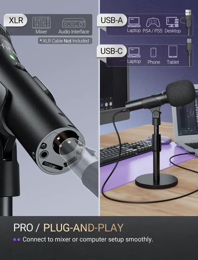 Alt view image 10 of 14 - USB/XLR Dynamic Microphone for Podcast Recording, Studio Mic Set with Desktop Stand for Vocal, Voice Over, Streaming, Black-AmpliTank TANK2