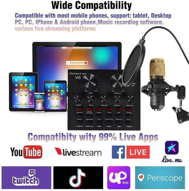 Alt view image 11 of 14 - Condenser Microphone Bundle, Live Sound Card, Adjustable Boom Arm, Shock Mount, Metal Mic Pop Filter, Sponge Pop Filter Cover, Earphone, Audio Cables and Power Cable, Set of 11 Mic Kit