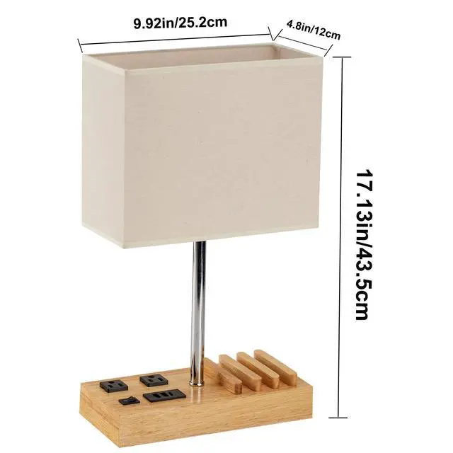 Alt view image 12 of 14 - Desk Lamp with 3 USB Charging Ports, Table Lamp with 2AC Outlets and 3 Phone Stands, Nightstand Bedside Lamp with Natural Wooden Base and Cream Linen Shade