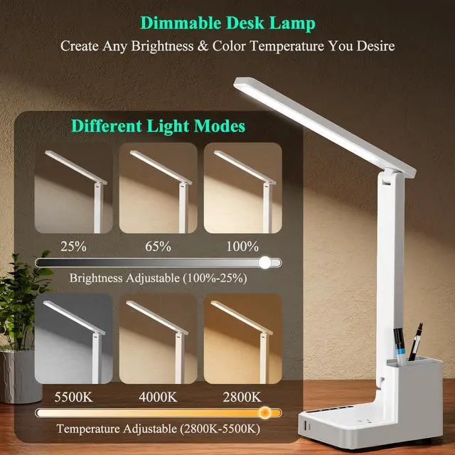 Alt view image 9 of 14 - LED Desk Lamp with 2 USB Charging Ports,Type C Port,1 AC Outlet,2 Pen Holders,3 Color Temperature 3 Brightness Level,Touch/Memory/Timer,10W Eye Protection Foldable Reading Light,Study Lamp-White