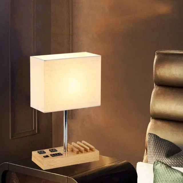 Alt view image 14 of 14 - Desk Lamp with 3 USB Charging Ports, Table Lamp with 2AC Outlets and 3 Phone Stands, Nightstand Bedside Lamp with Natural Wooden Base and Cream Linen Shade