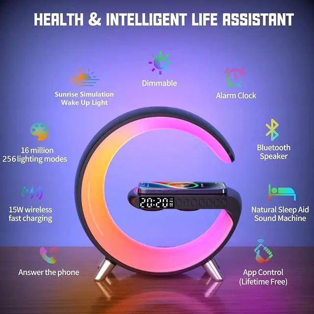 Alt view image 9 of 14 - Bluetooth Speaker Wireless Charger with Portable Small Mini Speaker,Wireless Atmosphere Lamp,Multifunctional RGB Night Light Alarm Clock & Charging Station,App Control (Black) (ZORAST-803)