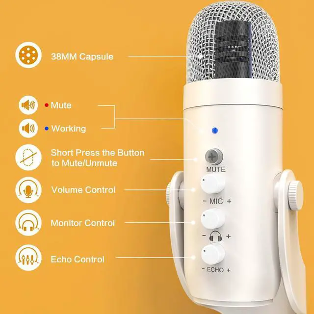 Alt view image 11 of 14 - Podcast Microphone, Noise Cancellation Mic with Gain, Volume Adjustment & Mute Button, Monitor & Echo, for ASMR, Vocal Recording, YouTube, TikTok, PC, iPhone, iPad, Android, Mac, K66, White
